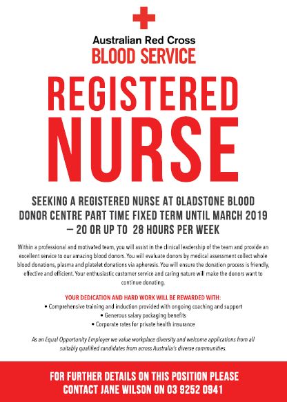 Red Cross Blood Service Gladstone seeking Registered Nurse.... Gladstone News