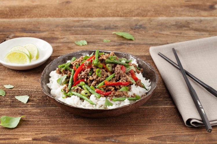Vietnamese Beef Stir-Fry with Basil, Coconut Rice, and Crispy Green Beans