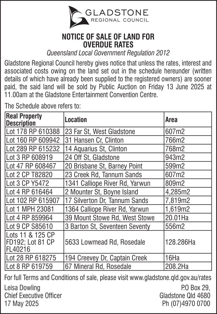 Gladstone Regional Council Notice of Sale of Land  for Overdue Rates
