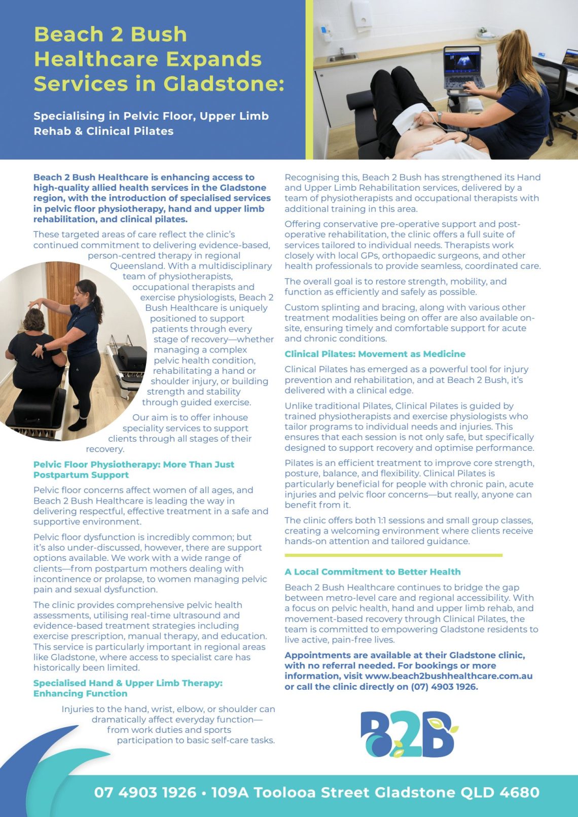 Beach 2 Bush Healthcare Expands Services in Gladstone: Specialising in Pelvic Floor, Upper Limb Rehab & Clinical Pilates