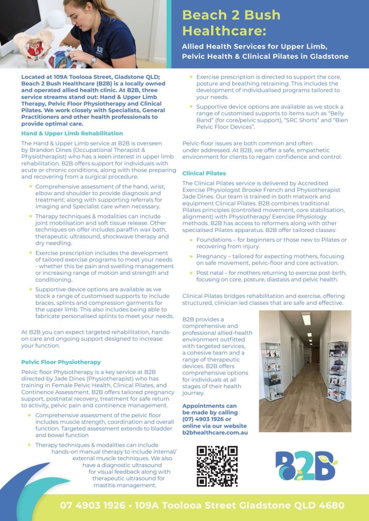 Beach 2 Bush Healthcare: Allied Health Services for Upper Limb, Pelvic Health & Clinical Pilates in Gladstone